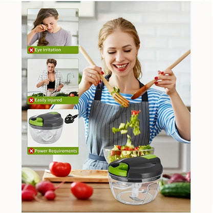 The Versatile Manual Food Chopper and Meat Grinder is perfect for chopping salads, vegetables, and food for youngsters. With its easy hand-crank operation, it is an ideal kitchen gadget.