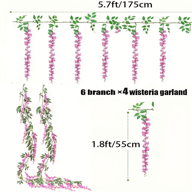 Zaphyron 4pcs Faux Wisteria Garland - 173.74cm Artificial Flower Vines, 12 Branches Each, Ideal for Home, Garden, and Outdoor Wedding Arch Decor.