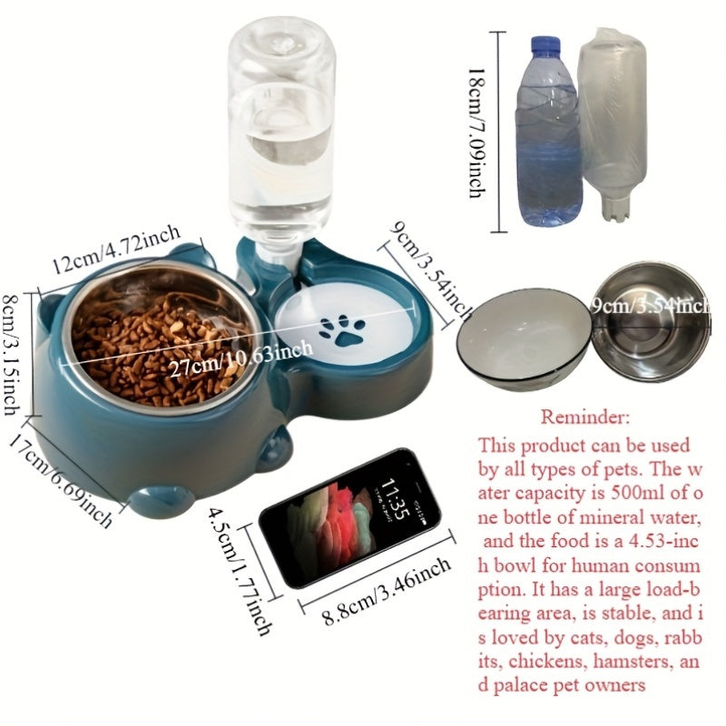 Automatic pet feeder and water dispenser for cats and small dogs, made of stainless steel and plastic, with anti-slip design, no battery or power required.