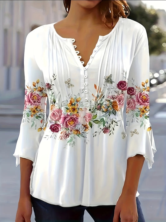 Women's Floral Print Notched Neck Blouse for Spring & Summer.