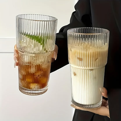 Large striped glass cup with lid for cold drinks, juice, and coffee. Insulated and reusable, perfect for home, office, and gatherings.