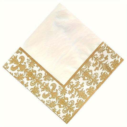 Set of 20 Elegant Gold Floral Paper Napkins - Decorative Square Cocktail Tissues with Intricate Design for Weddings, Parties, and Christmas Decor - Festive Napkins with Ornate Border and Floral Pattern