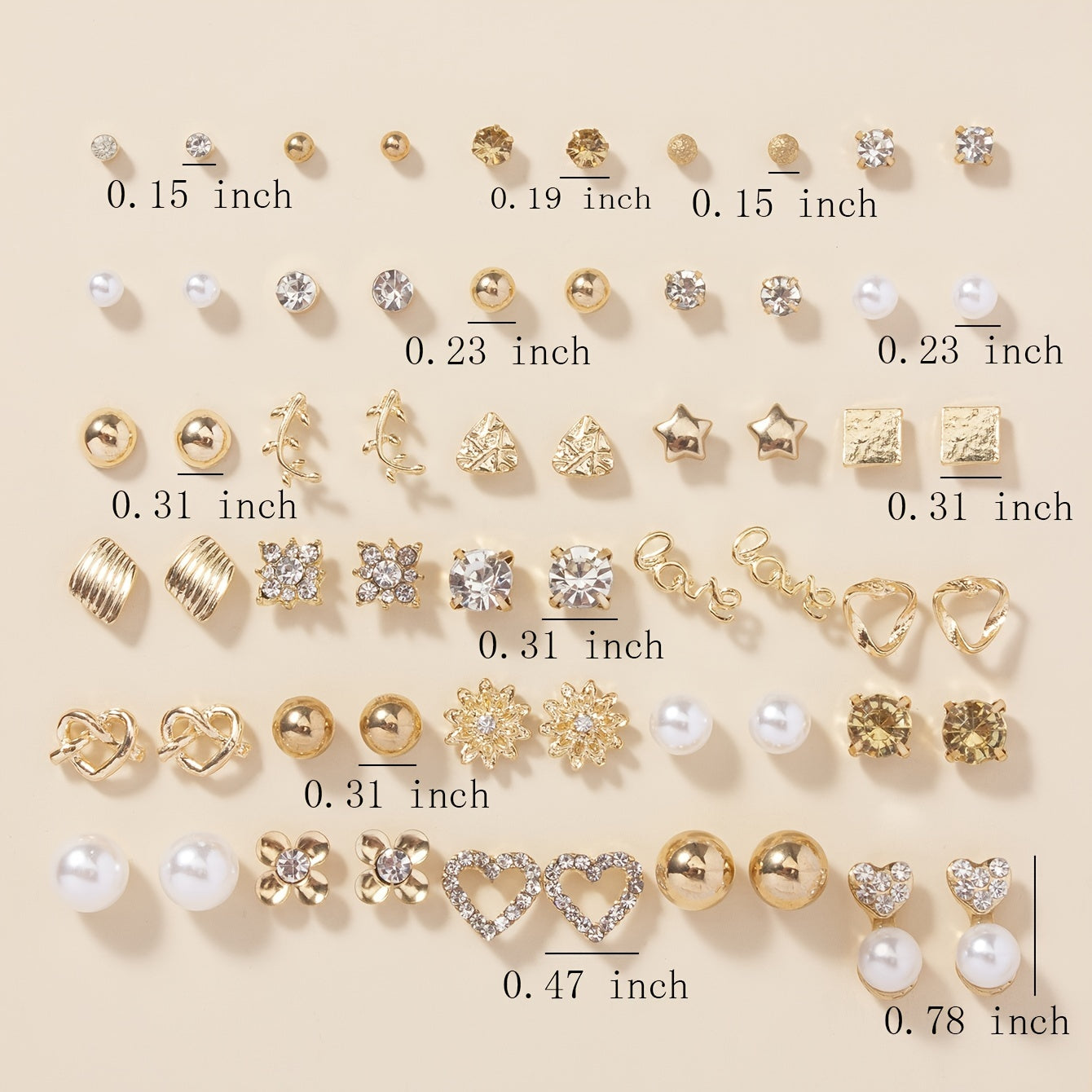 Set of 30 pairs of stud earrings, featuring a combination of alloy material, full rhinestones, faux pearls, and round love letters.