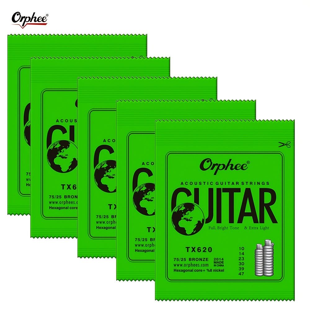 Five sets of high-quality acoustic guitar strings with six strings each, ranging in thickness from 0.25 to 1.34mm for enhanced sound and durability, producing a rich and full tone.