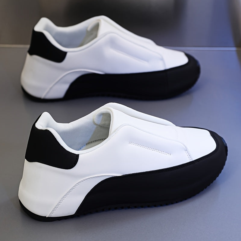 Men's slip-on casual sneakers in black & white with a thick sole, height boosting feature, round toe, and low-top design. Made with PU upper and fabric lining for versatility in all seasons.