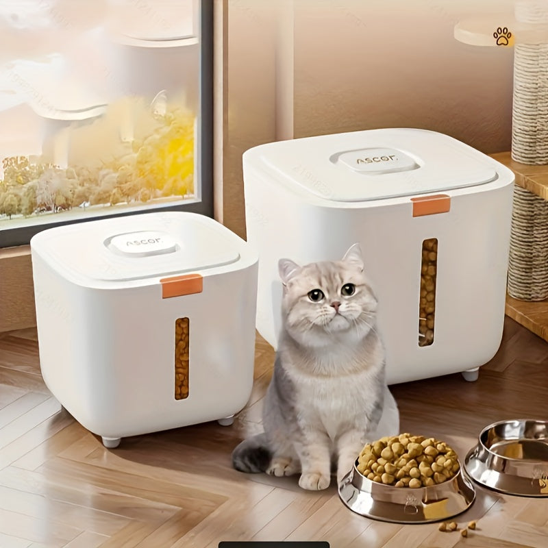 Airtight pet food storage container with flip lid in plastic, comes in 4.99kg and 9.98kg options. Large capacity, rectangle shape for dog and cat dry food. Easy to clean, durable seal keeps