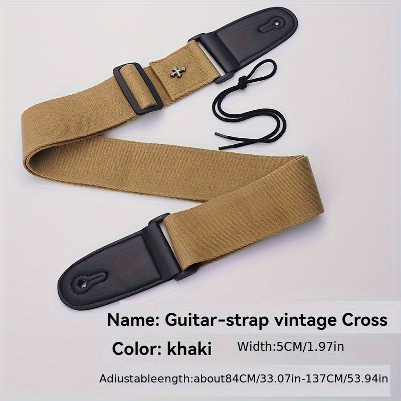 Embroidered Cross Guitar Strap - Adjustable shoulder strap for electric, bass, & ukulele - Available in black, coffee, khaki.