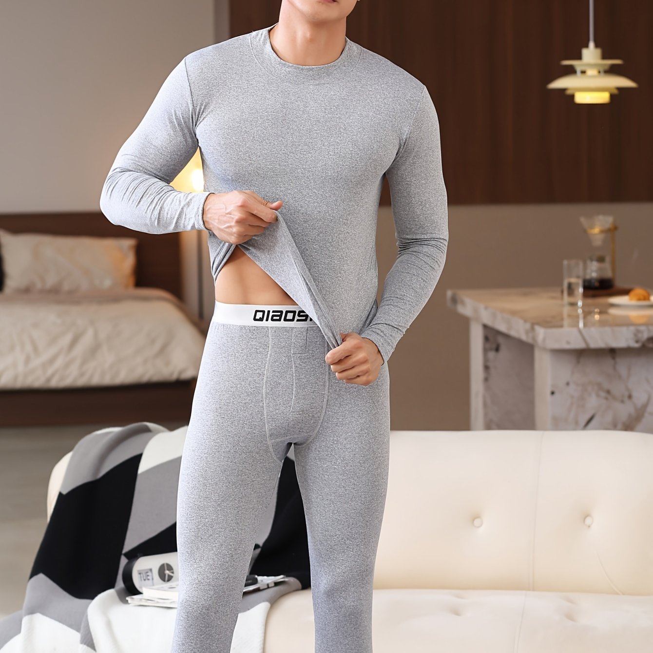 Men's 2-piece Thermal Underwear Set: Polyester Fleece-Lined, Solid Color, Stretch Fit for Winter Warmth