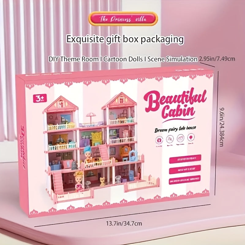 Luxurious 4-story dollhouse set with 4 dolls and accessories, perfect for children's pretend play. Available in pink or blue.