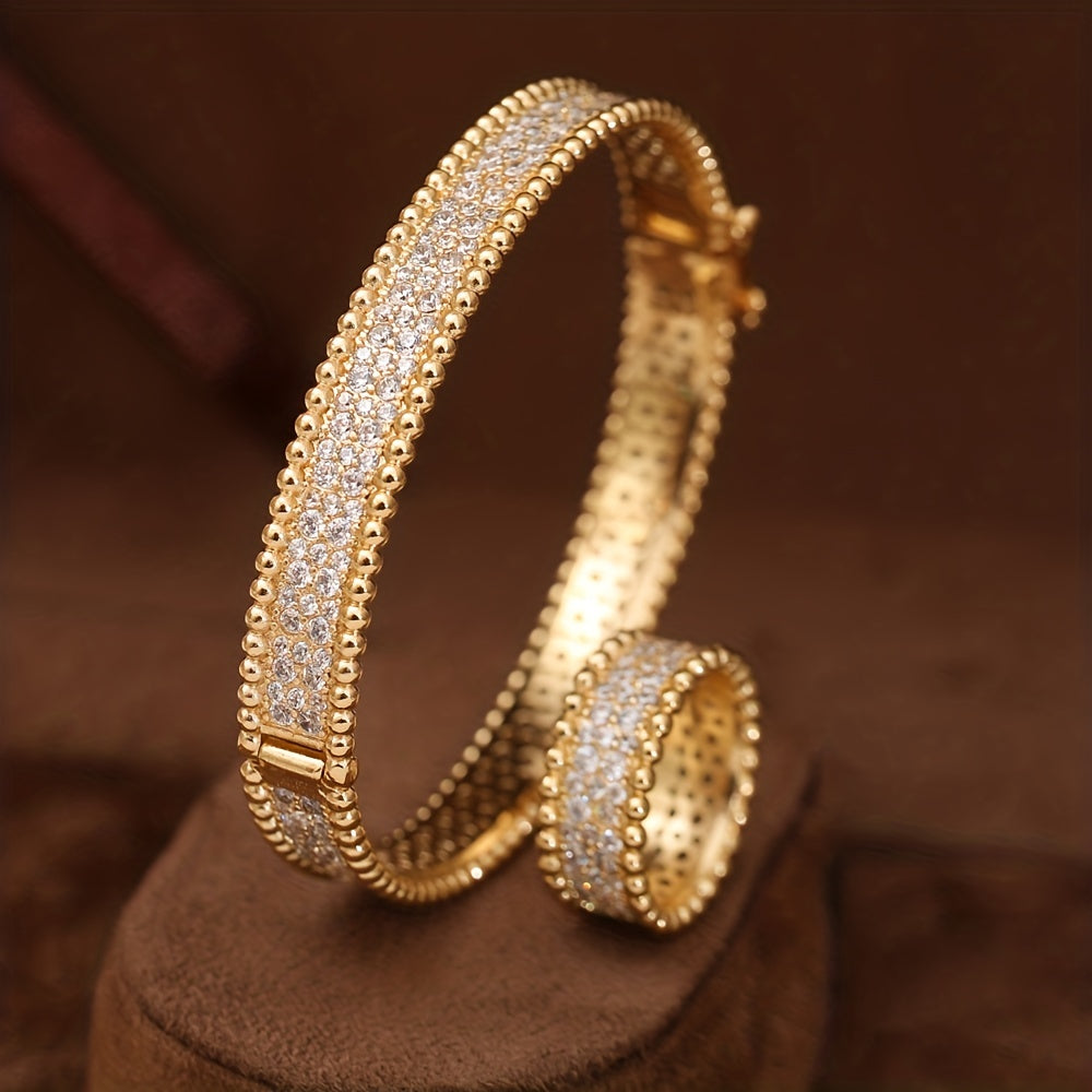 Elegant jewelry set including 1 ring and 1 bangle with inlaid shining zirconia, available in silvery or golden 14k gold plated options. Perfect for matching with daily outfits, make your call now!