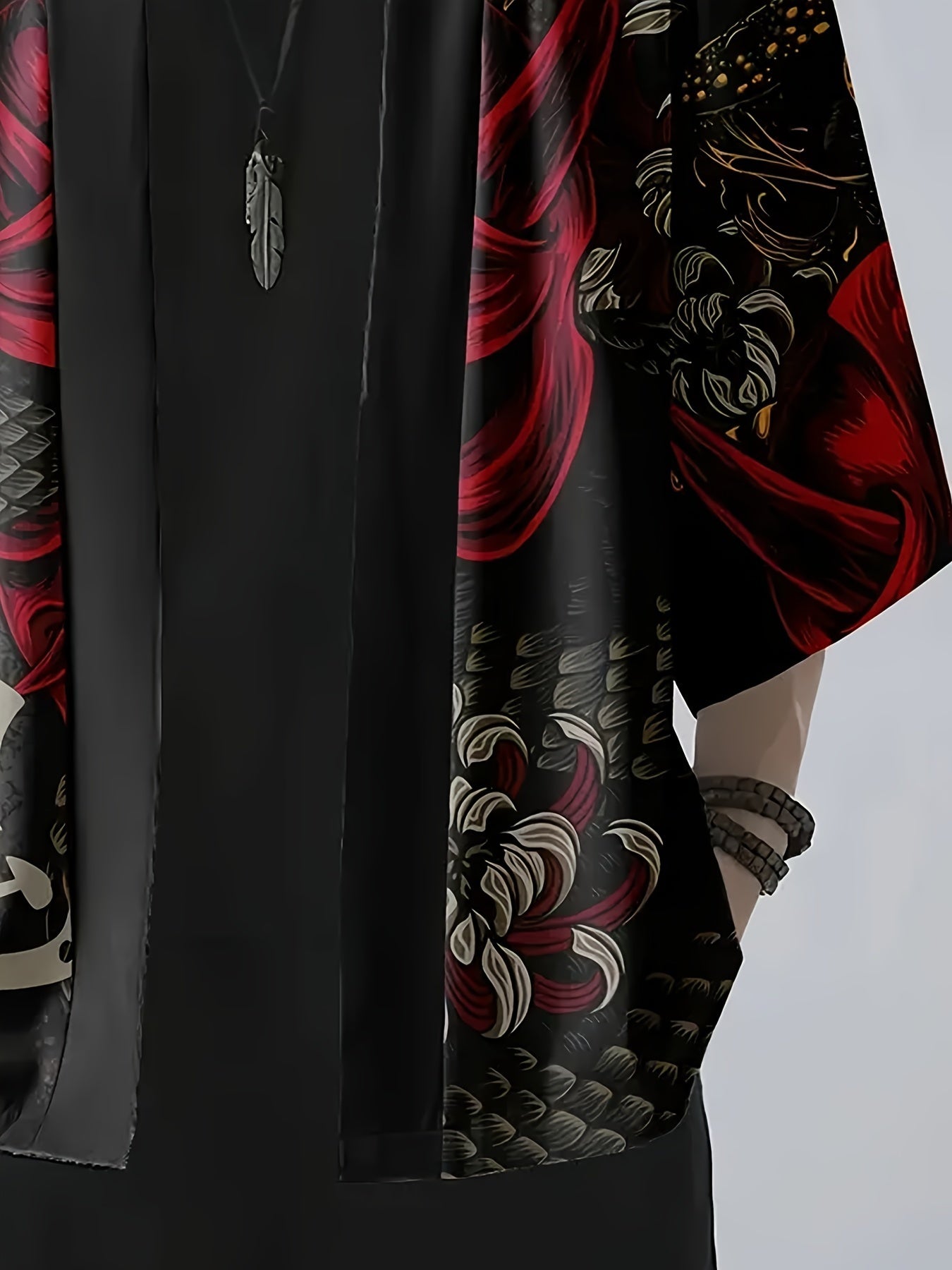 Japanese-style kimono shirt for men with ghost and snake illustration pattern, three-quarter sleeves, and open placket. Perfect for summer streetwear.