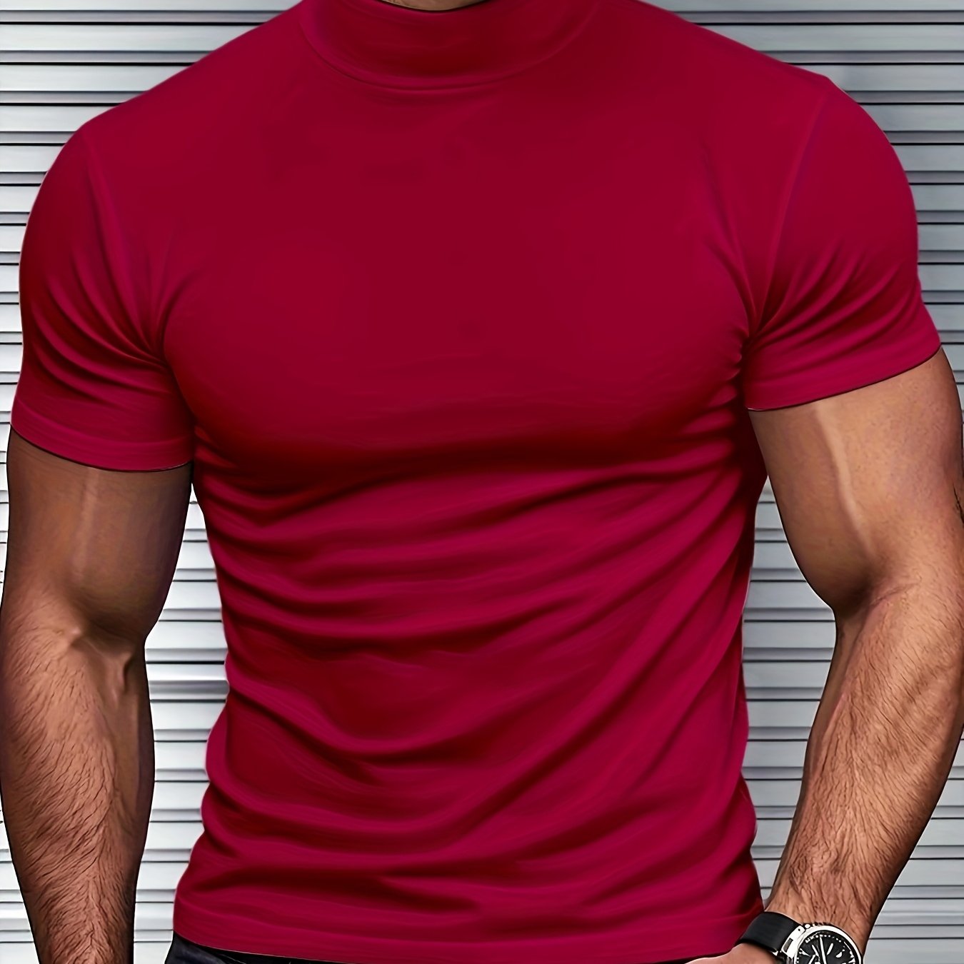 Men's slim fit short sleeve t-shirt with stand collar, ideal for gym and outdoor activities, made of breathable polyester-spandex blend, suitable for all-season wear.