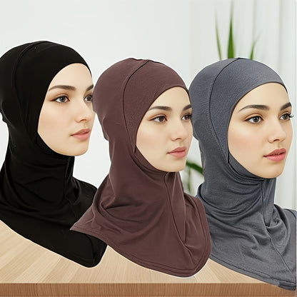 3 Elastic Modal Instant Hijab Caps for Women - Soft, Stretchy, Solid Color Head Wraps with Snap Closure - Ideal for Ramadan & Casual Attire - Breathable Polyester, No Feathers