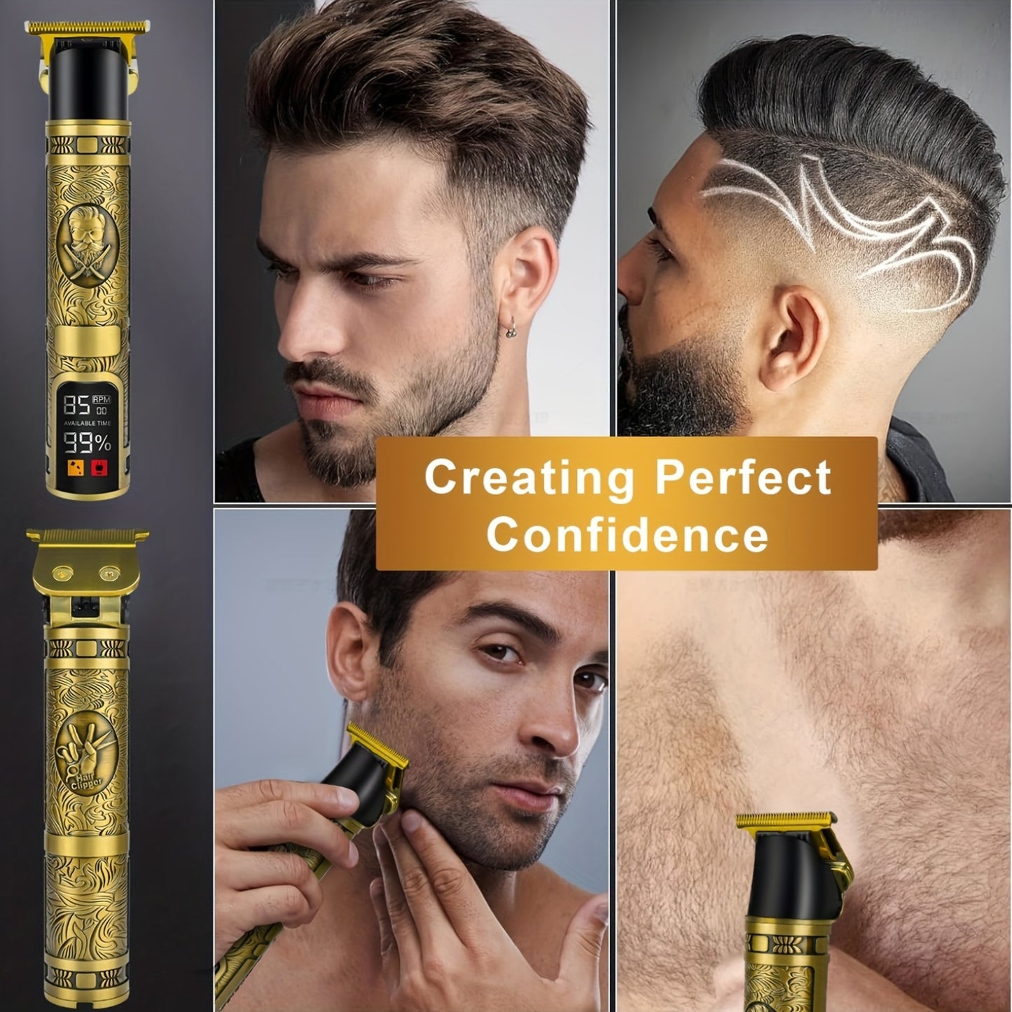 UOOGOU Professional USB Rechargeable Hair Clippers for Men with Zero Gapped T-Blade, Lithium Battery, Guide Combs for Bald Head & Beard Styling.