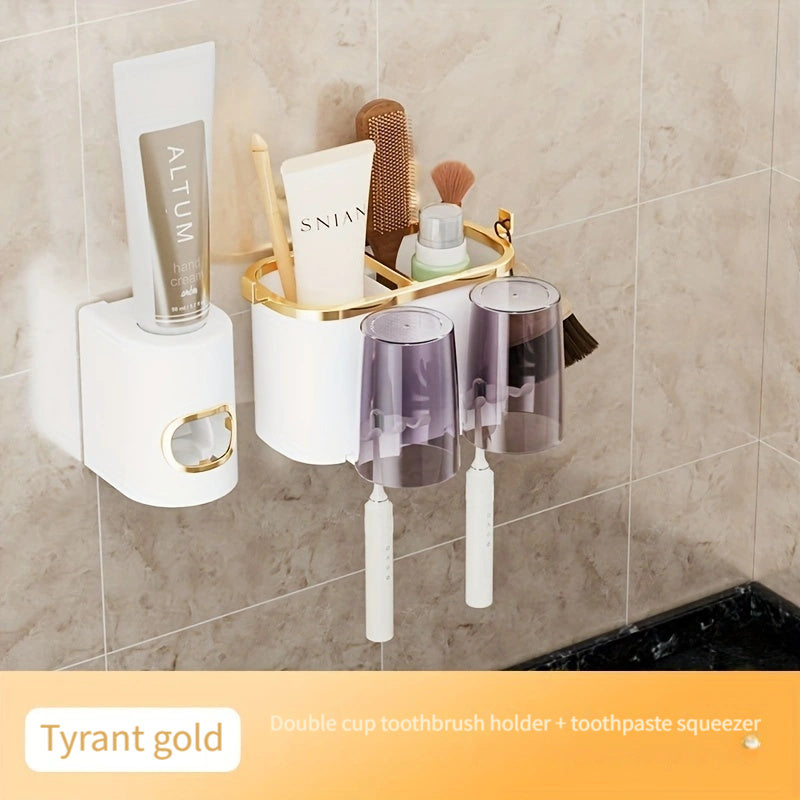 Toothbrush holder with toothpaste squeezer - Wall-mounted plastic organizer for bathroom essentials.