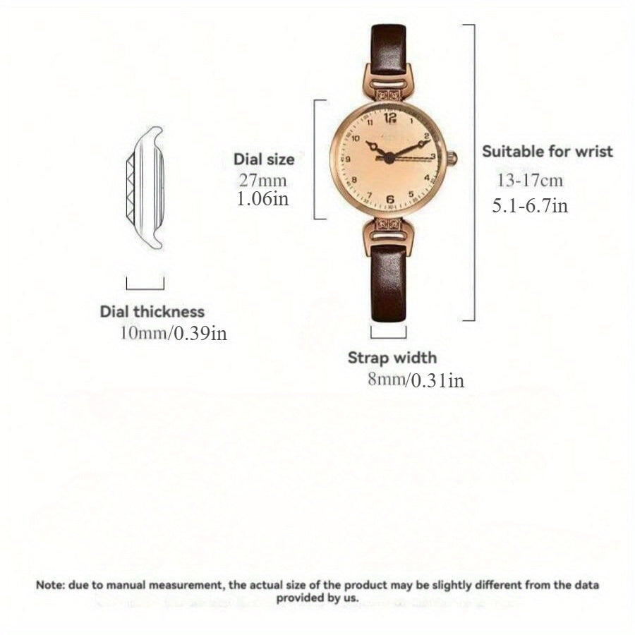 Elegant vintage-inspired women's watch with quartz movement and synthetic leather strap, non-rechargeable button battery.