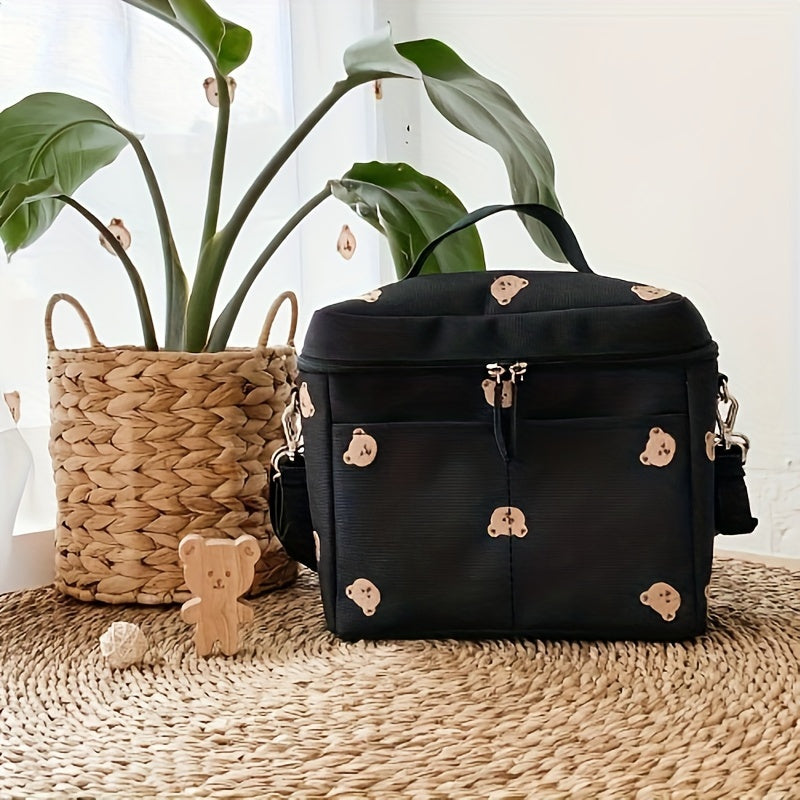 Linen Diaper Bag featuring Animal Print, Insulated Stroller Organizer, Stylish Mommy Tote with Bear Pattern, Multiple Storage Compartments