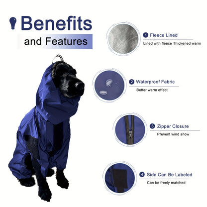 Winter dog jacket with fleece lining, windproof and waterproof, suitable for small to large breeds. Zip-up ski suit for pets.