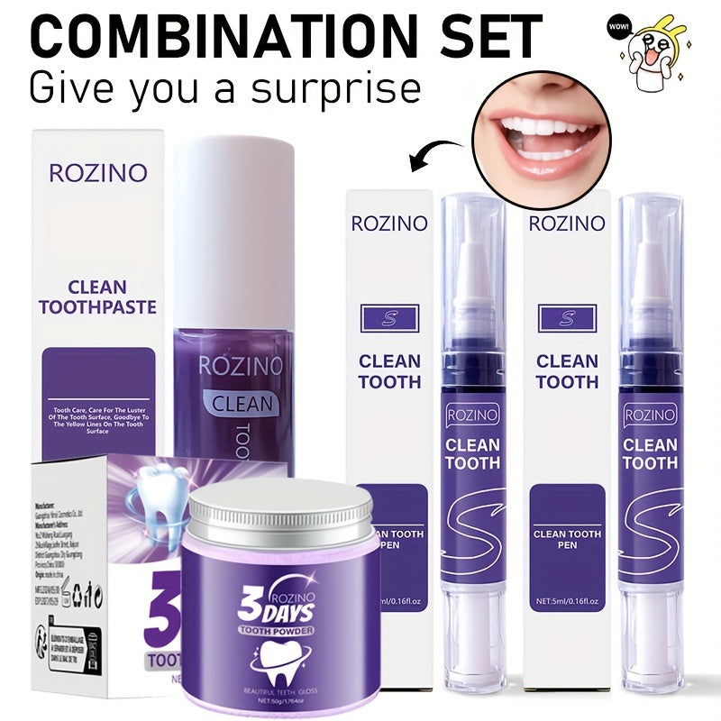 Purple teeth 4-piece set includes toothpaste powder pencil for brightening, curing bad breath, refreshing breath, and protecting gums.