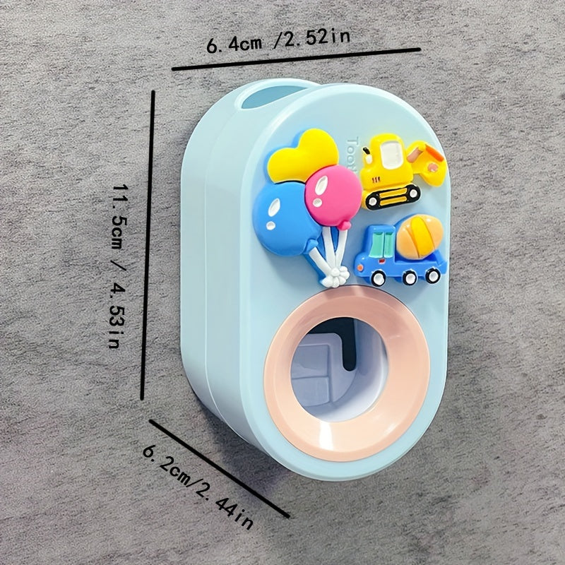 Wall-mounted toothpaste squeezer with easy installation, cute 3D design, no-drill feature, and washable adhesive. Ideal for bathroom organization, comes in light blue and pink.