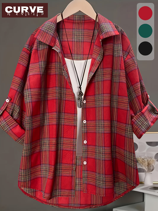 Plaid printed long sleeve lapel shirt for curved women in spring and summer plus sizes.