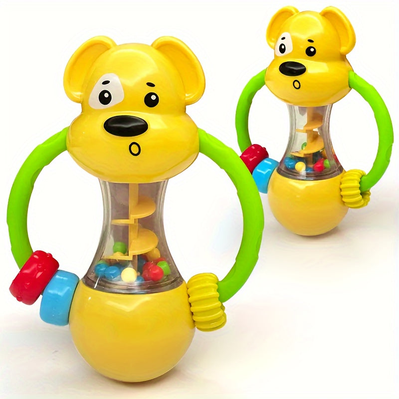 Battery-free handheld interactive vibrating toy for children, designed to improve sensory skills and hand grip strength. Made of yellow ABS material.