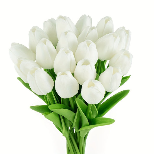 10 elegant white tulip artificial flowers with green leaves are perfect for weddings, engagements, and home decor. Made of durable polyurethane, no batteries needed.