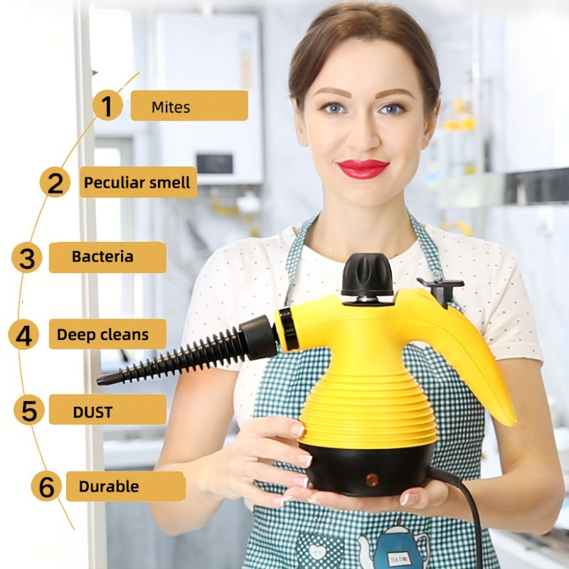 Versatile handheld steam cleaner with 9 accessory kit for easy stain removal on various surfaces. EU plug, 600W+ power.