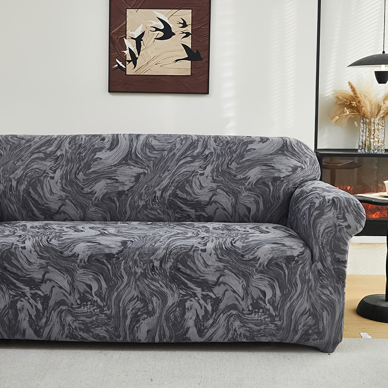 All-season sofa cover with stretchable fabric and anti-slip stick. Features modern print design, machine washable and fits single to four-seater sofas. Anti-dirt and dust-proof.