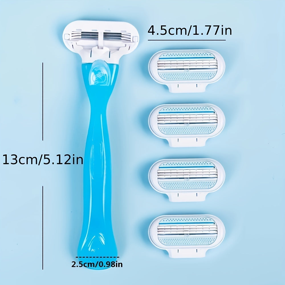 Hypoallergenic manual hair removal razor kit with blue handle + 8 white blades, stainless steel for smooth, normal skin.