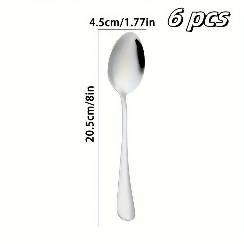 Set of 6 stainless steel spoons in various sizes for serving soup, coffee, and dinner in the kitchen and dining room.