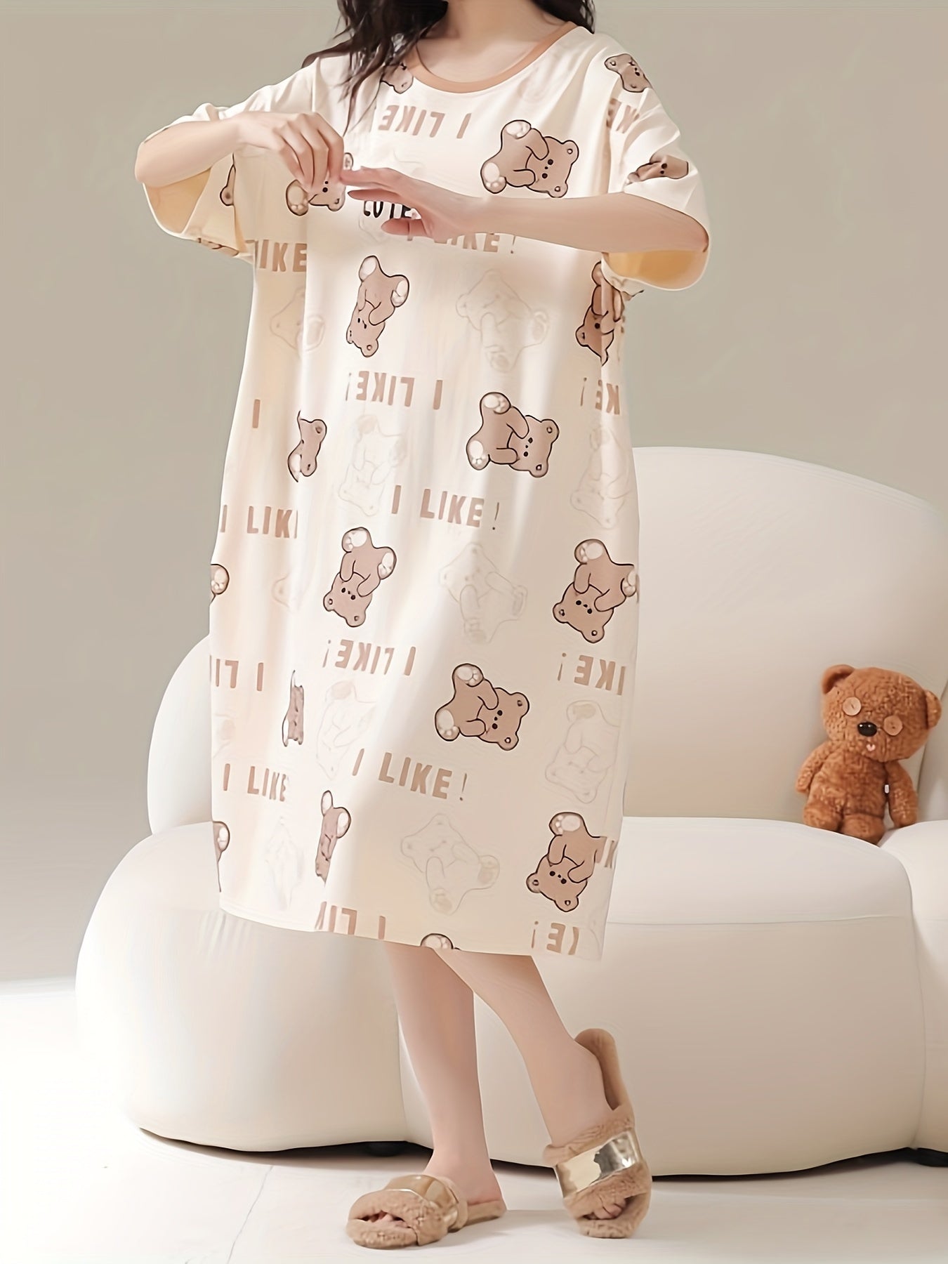 Summer Cartoon Bear Print Slim Fit Dress, Short Sleeve, Round Neck