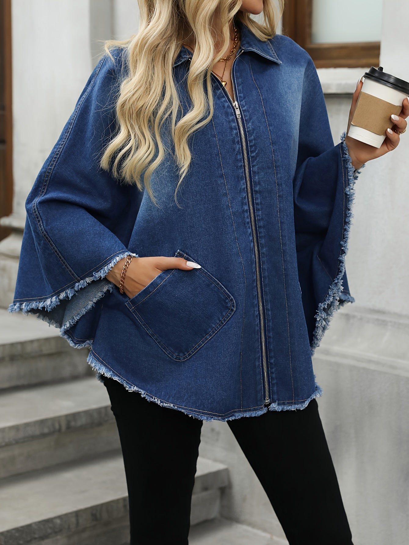 Elegant style batwing sleeve cape denim coat for plus size women, along with denim jeans and clothing.