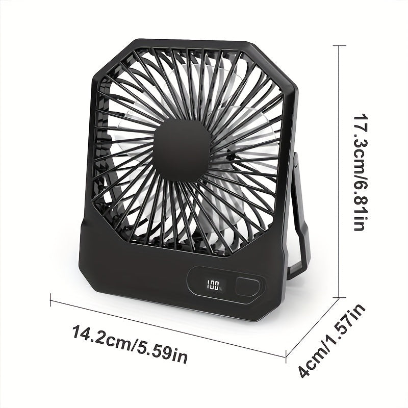 Introducing the 1pc Portable USB Desktop Fan with Digital Display. This 3-speed 6-inch mini cooling fan offers 180° silent operation and is perfect for indoor and outdoor use. With button control and a rechargeable lithium battery, it's ideal for home