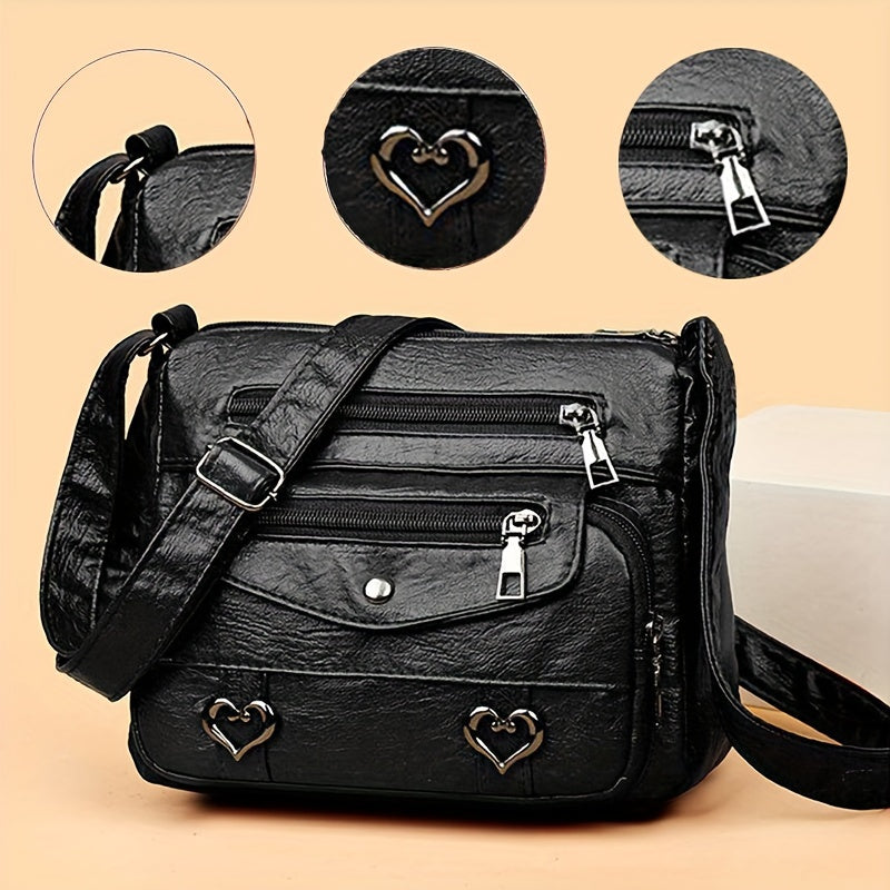 Square bag with multiple pockets and adjustable strap, suitable for travel. Zipper direction random.