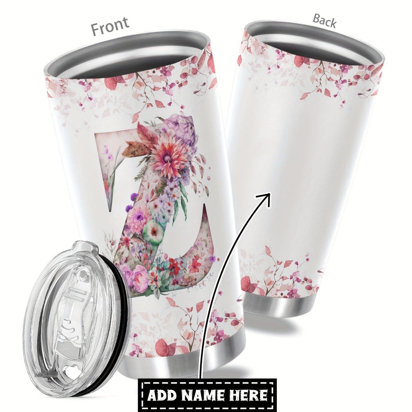 Customize your daily essentials with our Hsdiokl 20oz Insulated Stainless Steel Tumbler featuring a personalized name and flower design. This oval metal mug comes with 2 BPA-free lids, perfect for hand washing and multipurpose use. Designed for adults