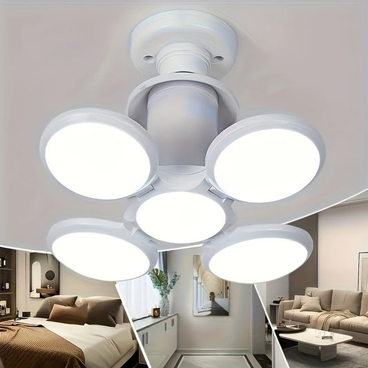 Flexible LED light bulb with fan blade design, suitable for home and garage decor.