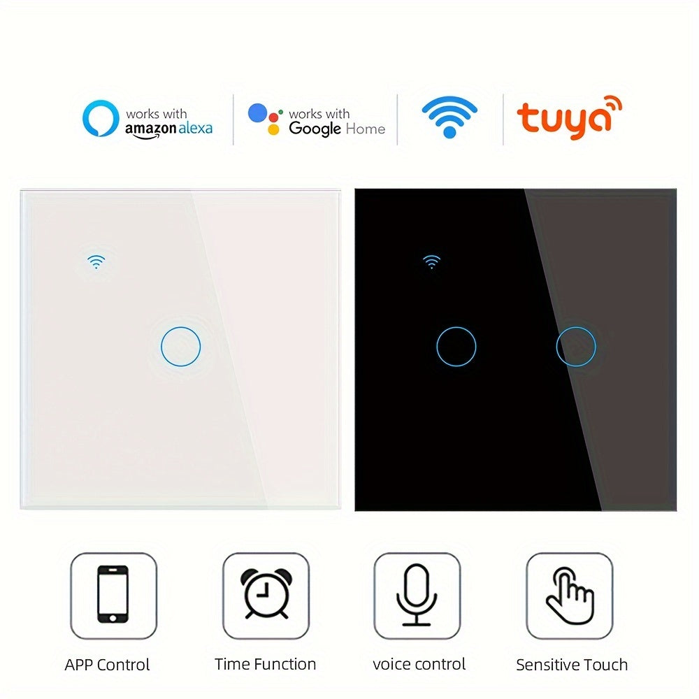 Chevolink WiFi Smart Switch with Voice Control, EU Plug, No Neutral Wire Needed, Compatible with Alexa and Google Home, 1/2/3/4 Gang, Tempered Glass Panel