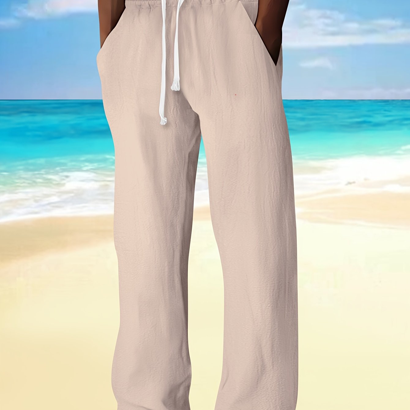 Men's casual drawstring pants made of cotton linen blend fabric. Features relaxed fit, straight leg with pockets, and a beach-inspired design. Ideal for spring and fall.