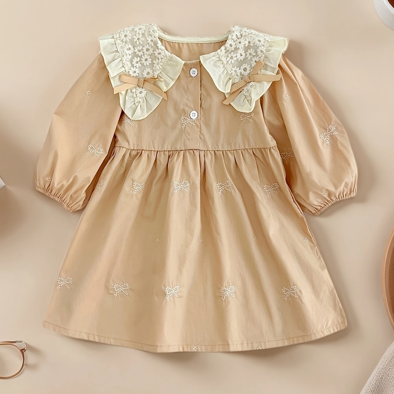 Black long-sleeve dress with lace trim and butterfly collar, featuring cute Korean-style embroidery for girls in spring and autumn