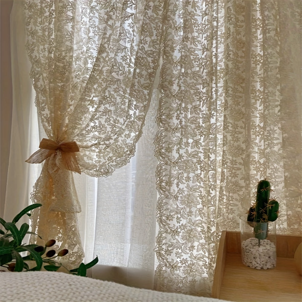 Vintage jacquard sheer curtain set with lace embroidered panels for bedroom, kitchen, restaurants. Washable and unlined, perfect for all seasons with a romantic theme.