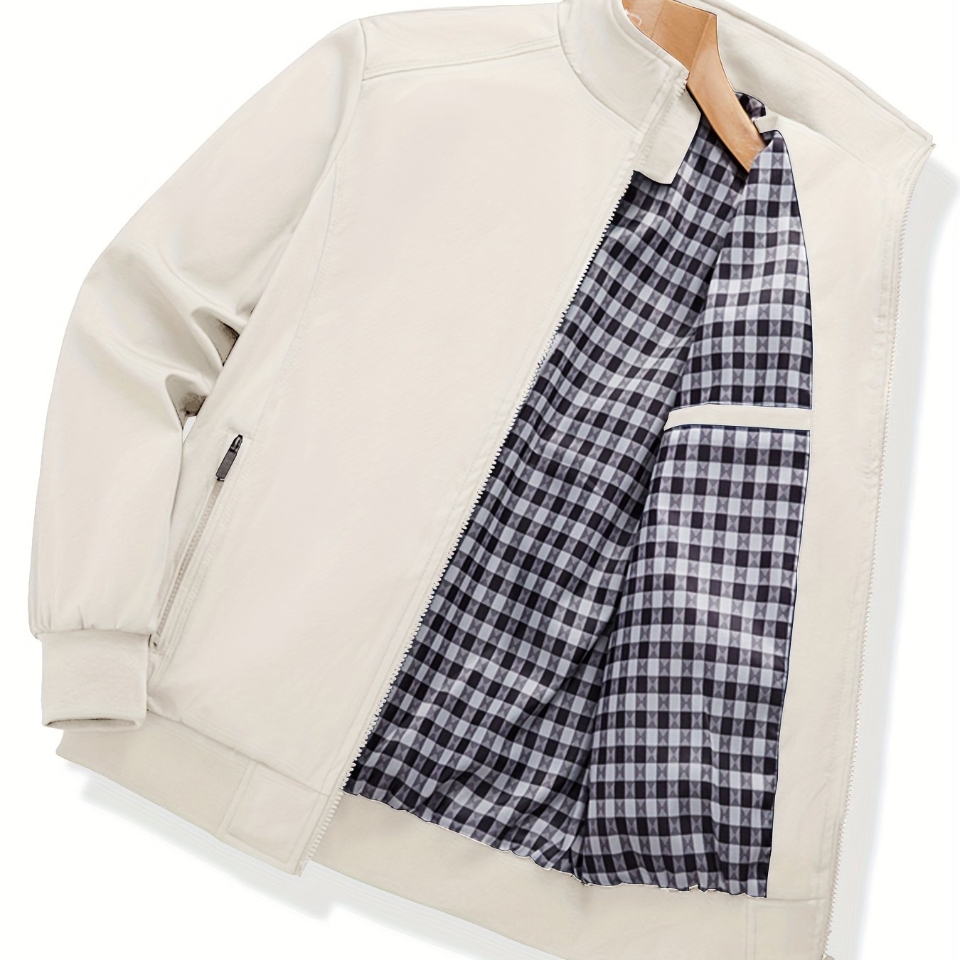 Men's Lightweight Windbreaker Jacket in Solid Gray with Checkered Detail Pocket - Casual Zip-Up with Stand Collar, made of Polyester - Ideal for Spring & Fall