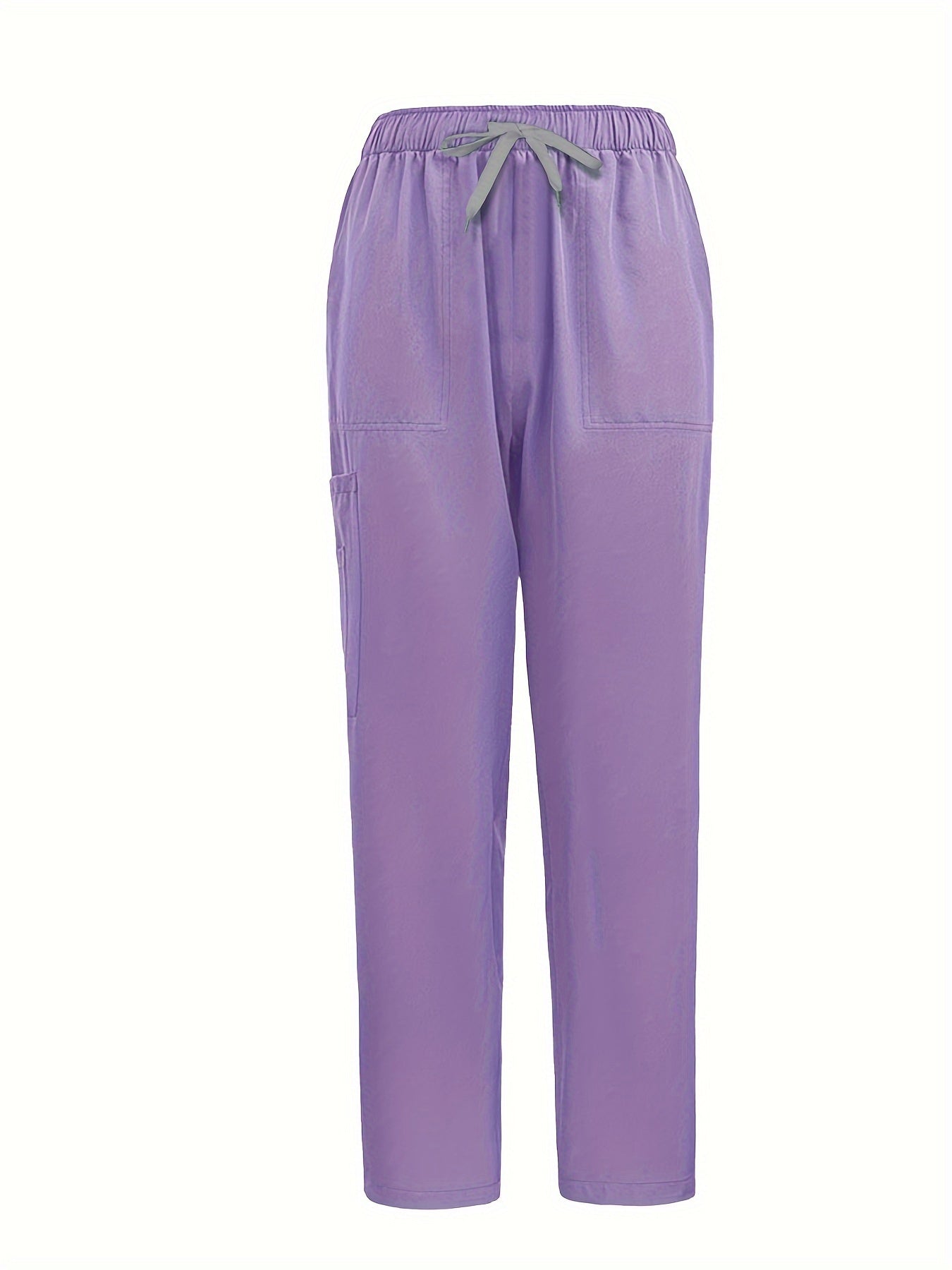 Women's elegant polyester scrubs set with zippered polo collar top and jogger pants, featuring multiple pockets. Made of woven fabric with 95% polyester and 5% spandex, ideal for spring