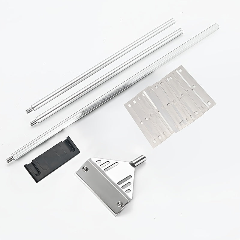 Algae scraper set for glass aquariums includes brush and net, made of durable stainless steel/aluminum alloy in various sizes.