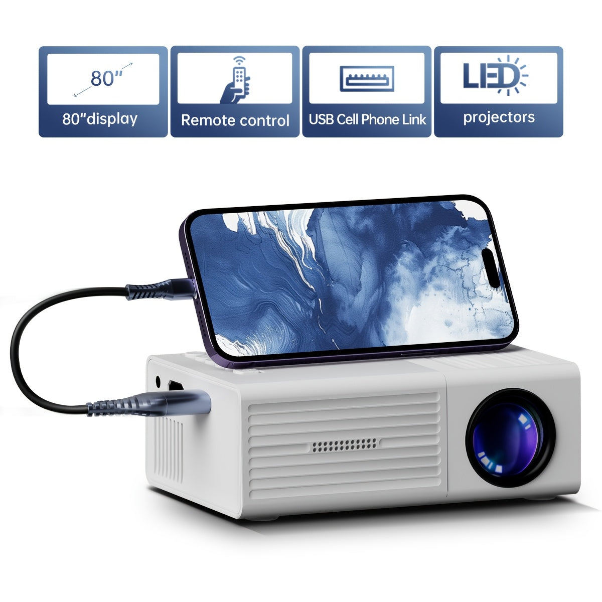 Portable Mini HD projector with 4:3 aspect ratio, EU plug. Compatible with HDTV/USB/AV/Android/iOS for entertainment on the go.