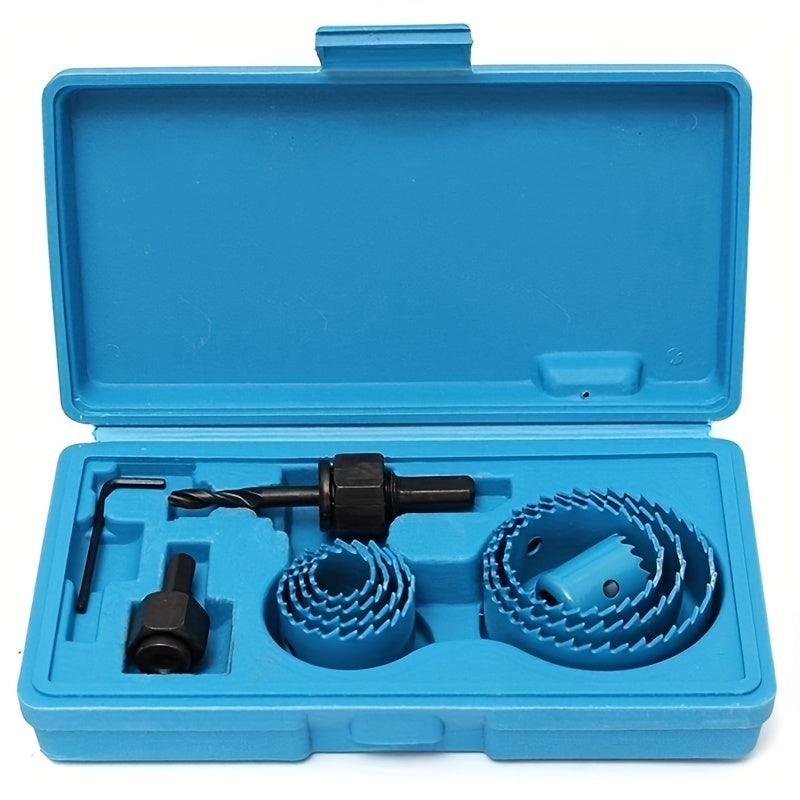 11-piece hole saw set with sizes ranging from 19mm to 64mm for cutting wood, metal, and alloys, includes handy case.