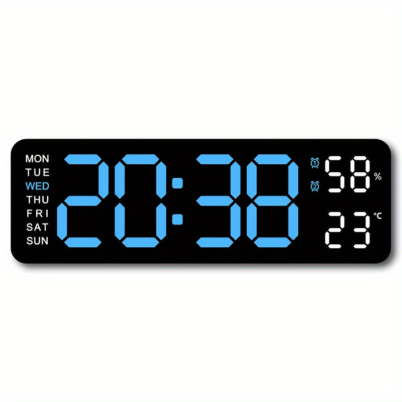 RIDAHOME LED clock with large display, temperature, humidity, and weather icons. USB powered, wall-mountable for home and office decor.