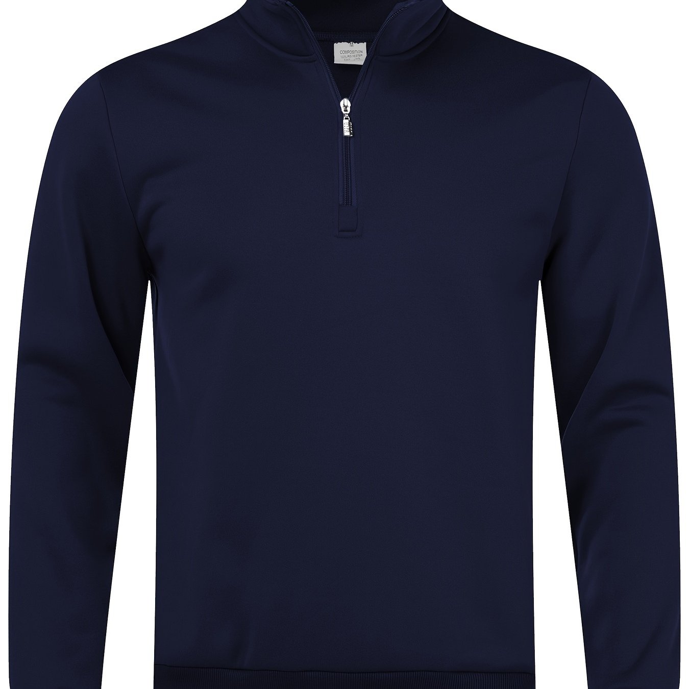 Slim fit men's black fleece pullover with quarter zip, long sleeves, mock neck, casual style, machine washable, 100% polyester.