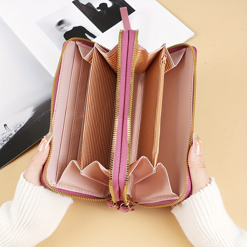 Fashion Double Zipper Long Wallet, Argyle Pattern Clutch Bag, Women's Wrist Coin Purse Mobile Phone Bag