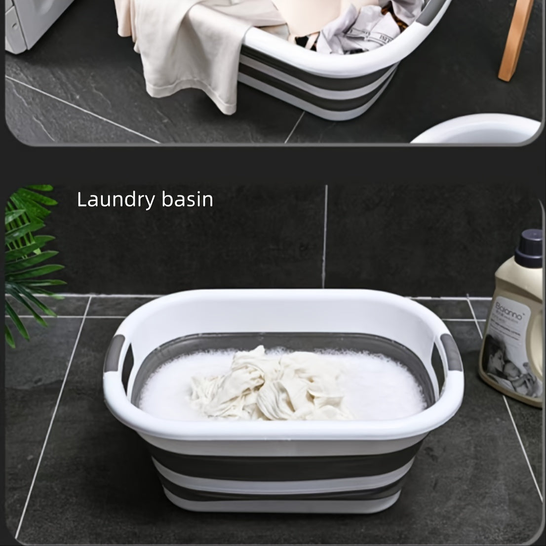 Foldable laundry basin with 3 handles, ideal for home and outdoor use, can be used for clothes, toys, and pet bathing.